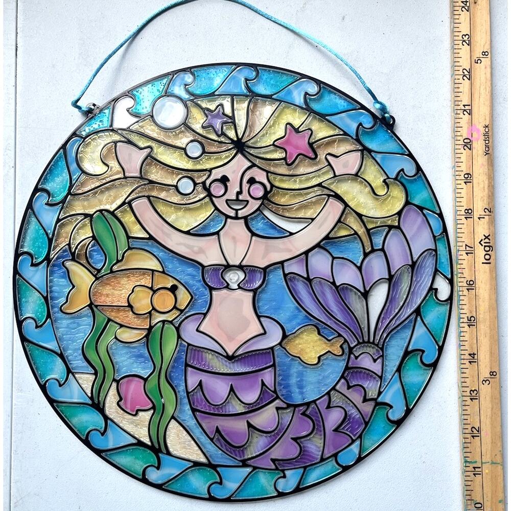 Dolphin & Mermaid Suncatcher Stained Glass Look Acrylic 12 3/8" Window Decor (2)